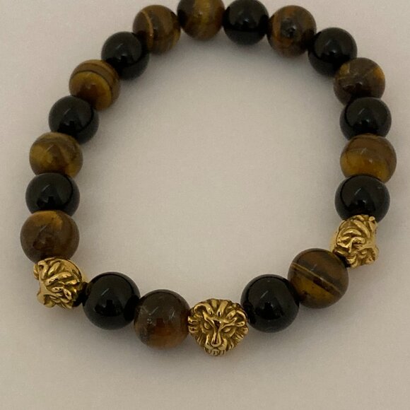 Mens Tiger Eye Black Onyx Bracelet 10mm Lion Head - Picture 3 of 3